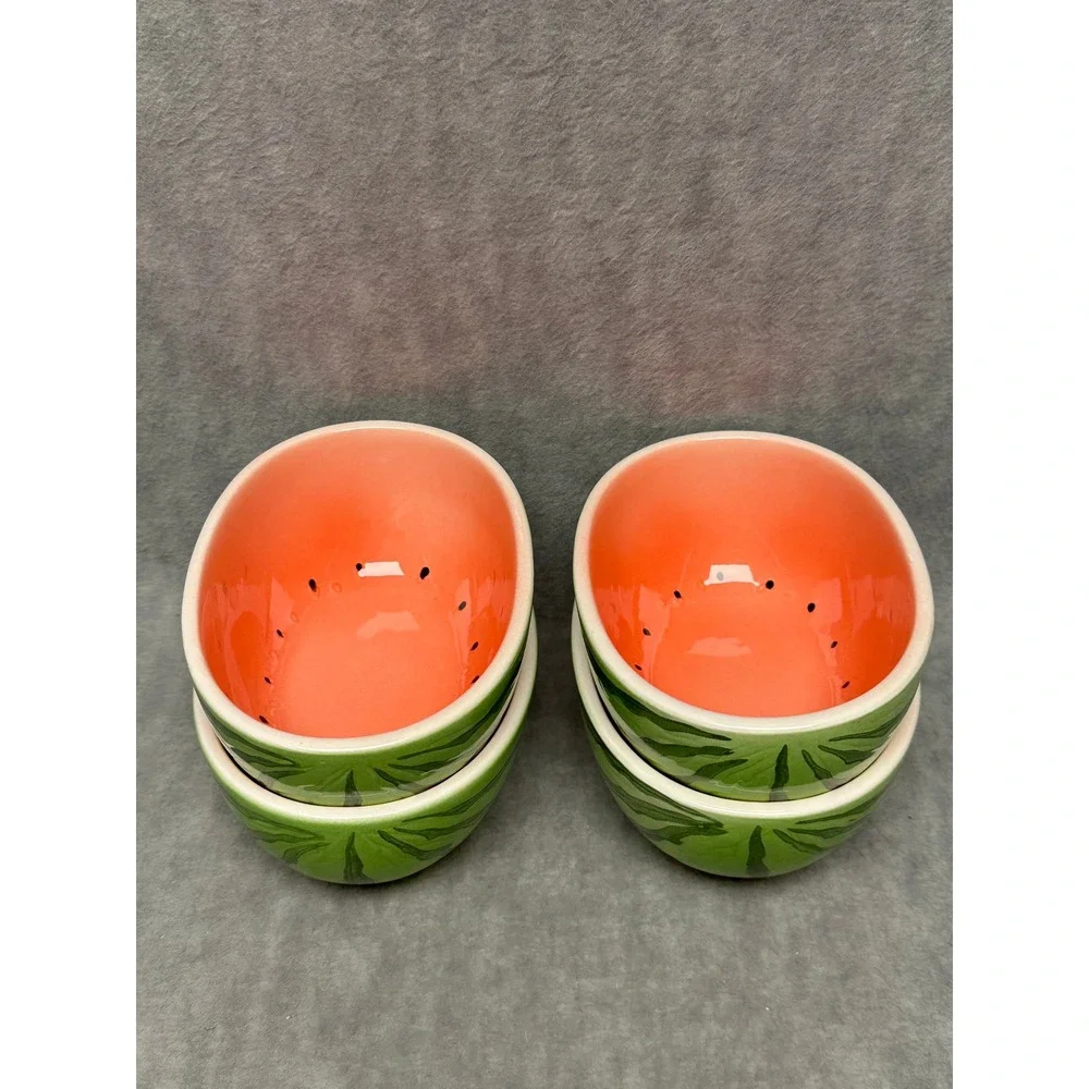 Vintage Watermelon Ceramic Bowls Green Pink Set of 4 Oval Fruit‎ Design Japan